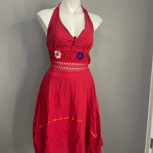 Red Halter Neck Embroidered Dress